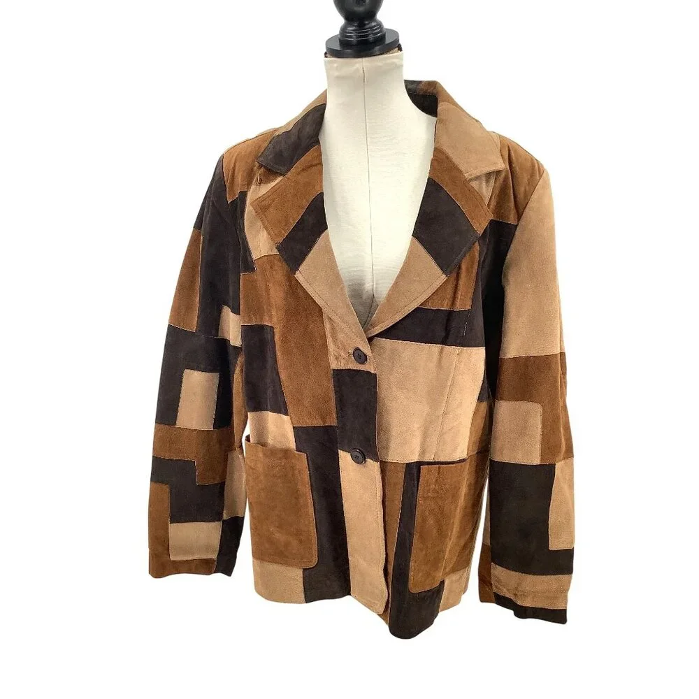 Vintage Studio C Retro Patchwork Leather Collared Button Front Jacket - Picture 1 of 8